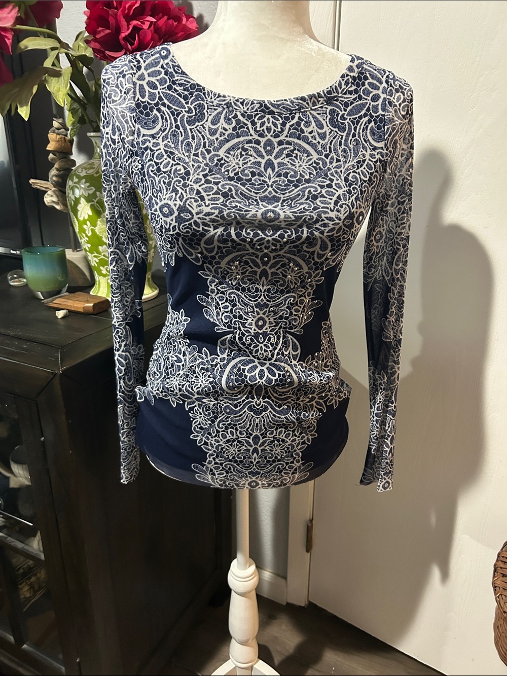 INC International Concepts Navy and White Lace-Pattern Long Sleeve Tee